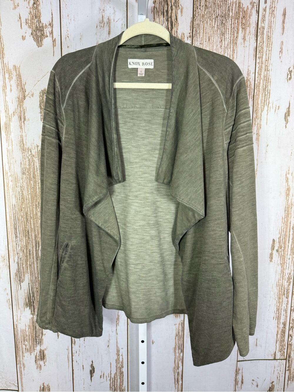 Knox Rose, Olive Green Open Front Draped Cardigan. Size Large. Good used cond!